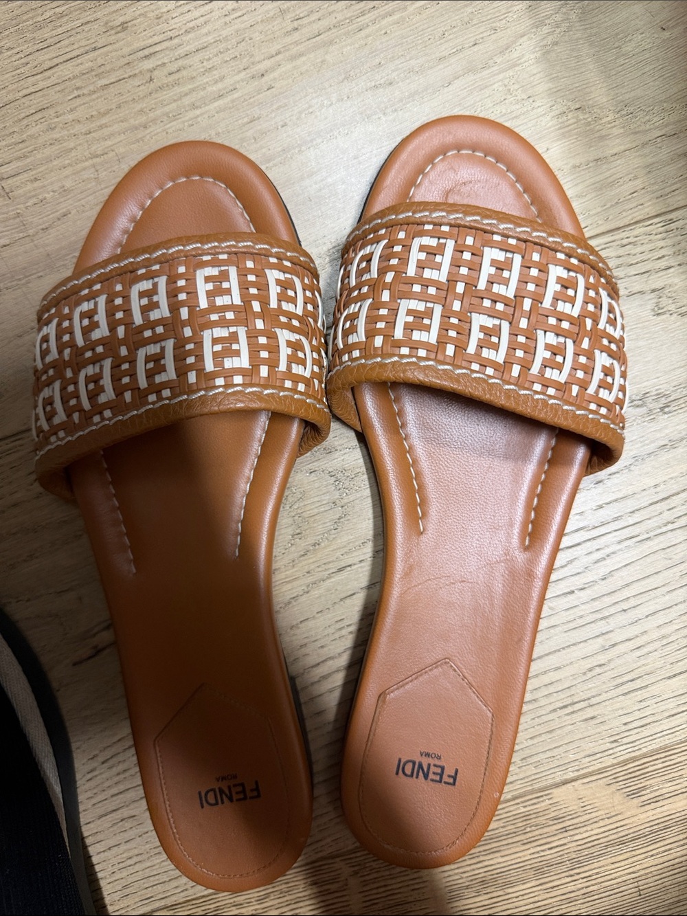 Fendi Tan and White Woven Logo Slide Sandals